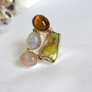 Vintage Boho Rose Quartz Moonstone Tigers Eye Biwa Pearl Sterling Silver Ring